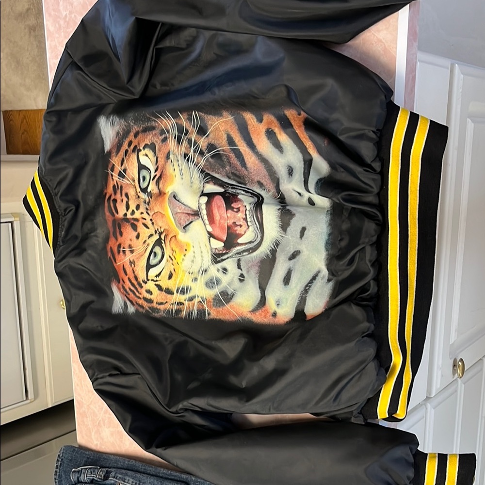 Black Bomber Jacket with Jaguar Print